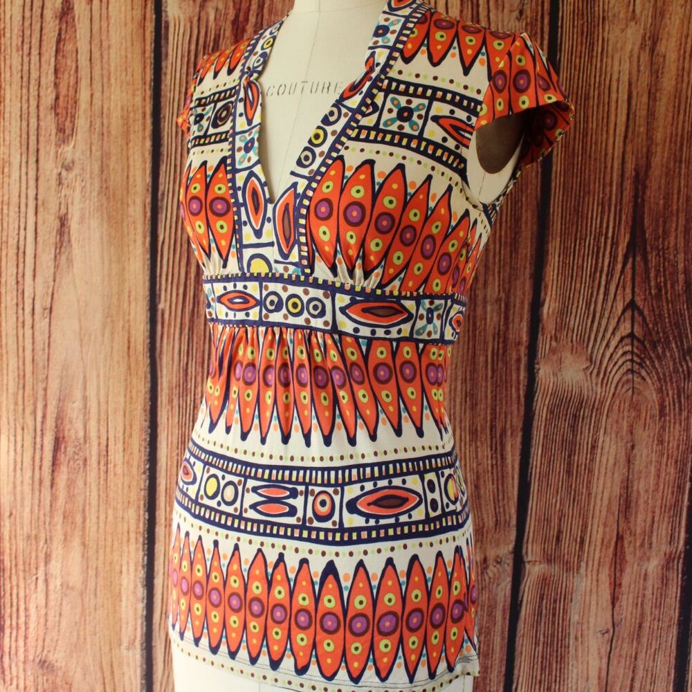 Trina Turk Womens Blouse, Silk, Size 0, Tribal Pattern in Orange and Navy - Picture 9 of 12
